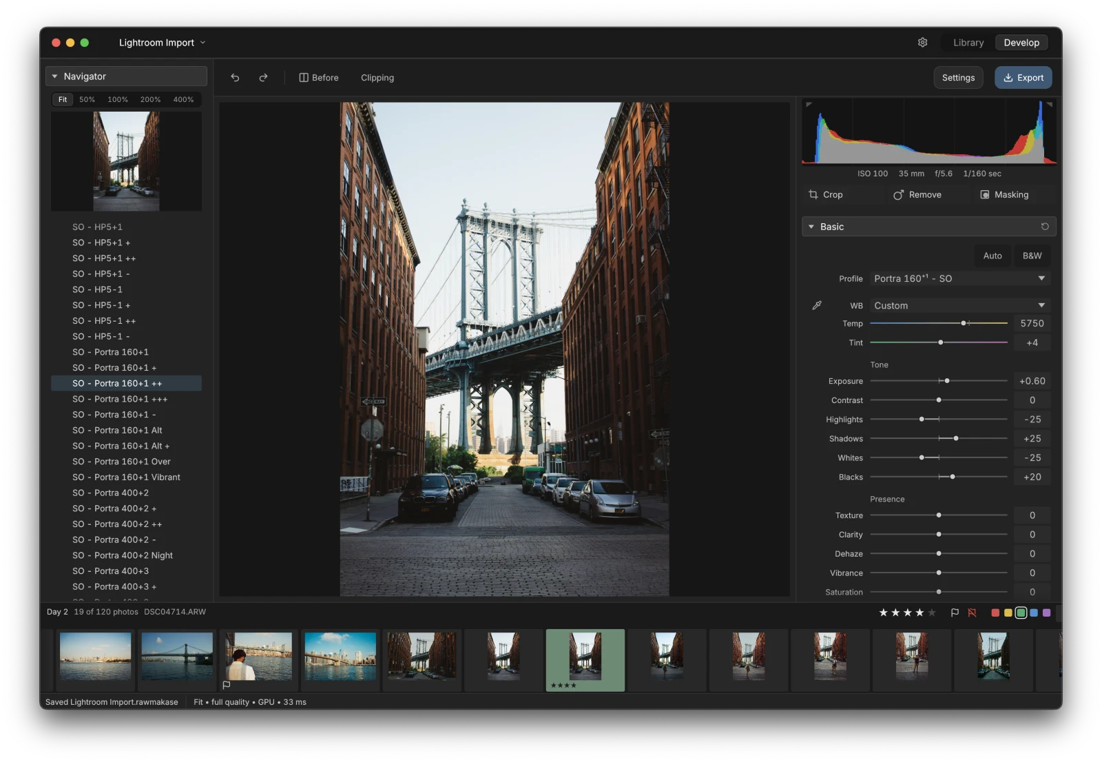 RAWmakase editing a bridge photo framed by city buildings, with imported presets, a filmstrip and tone controls