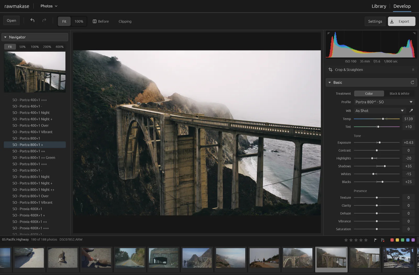 RAWmakase editing a coastal bridge photo, with presets, a filmstrip and Lightroom-style tone controls