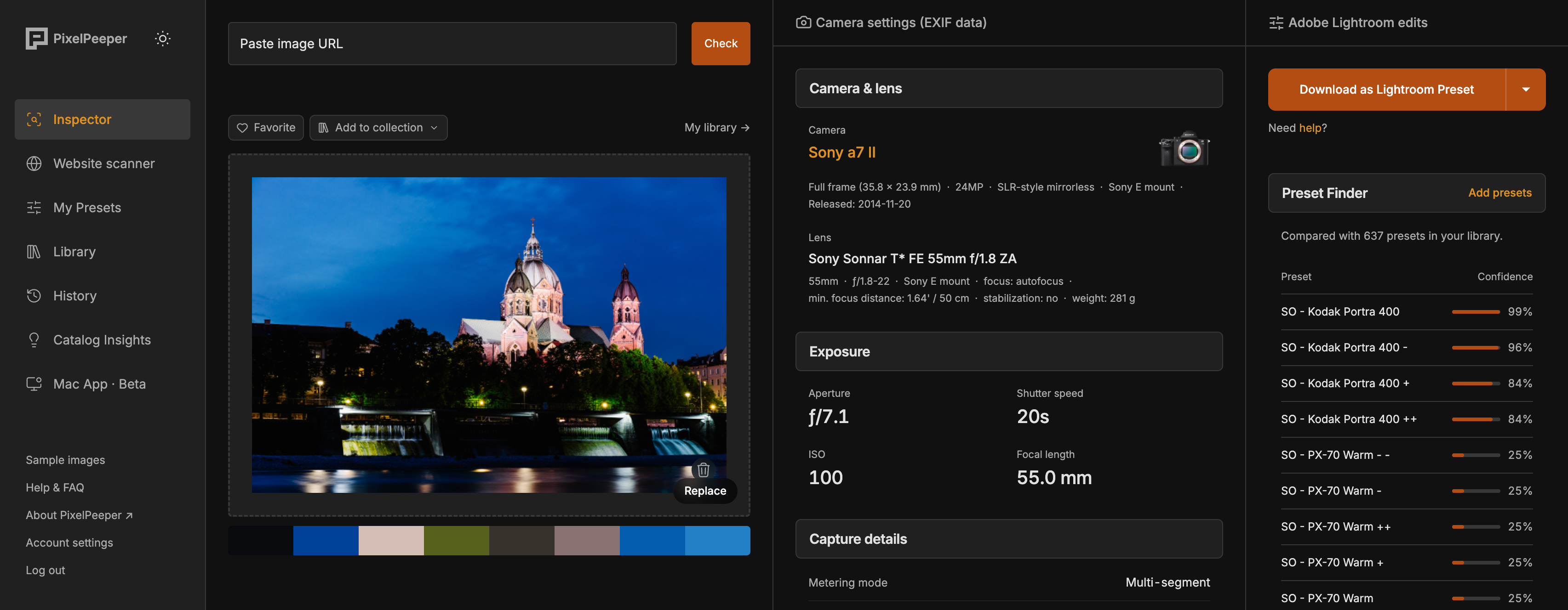 Photo and camera settings in PixelPeeper with Preset Finder highlighting Kodak Portra 400 matches from 637 presets
